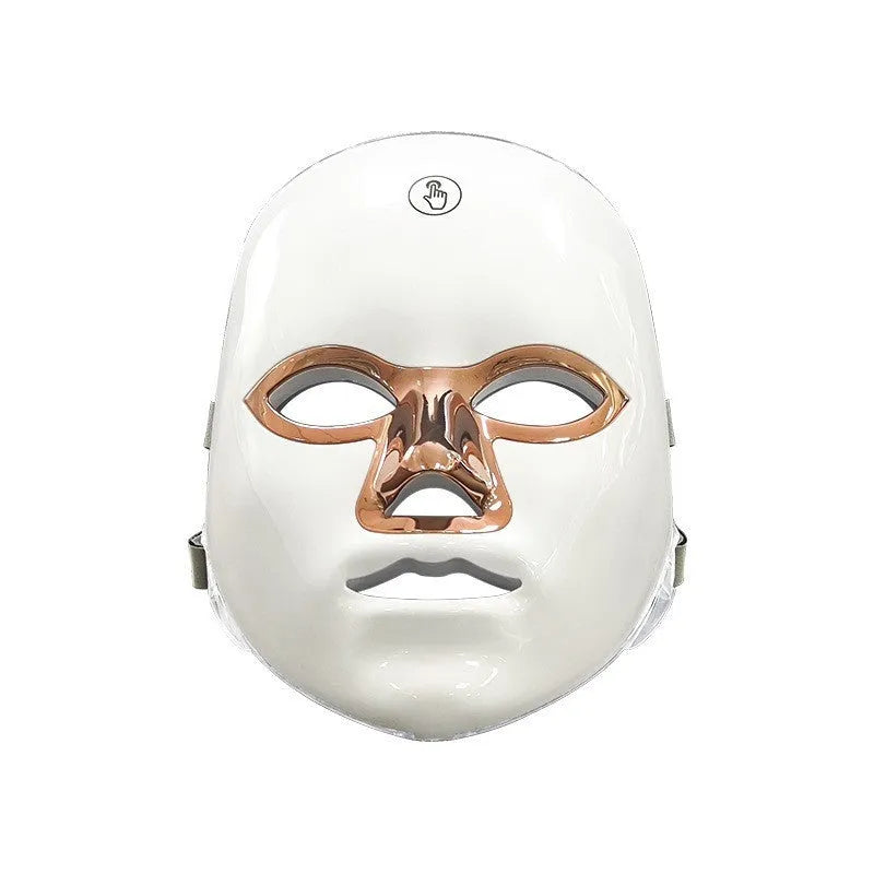 Rechargeable LED light therapy beauty mask with touch controls on a white background