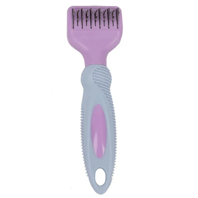 Pink stainless steel pet grooming comb with knot knife edge and four rows of massage pins