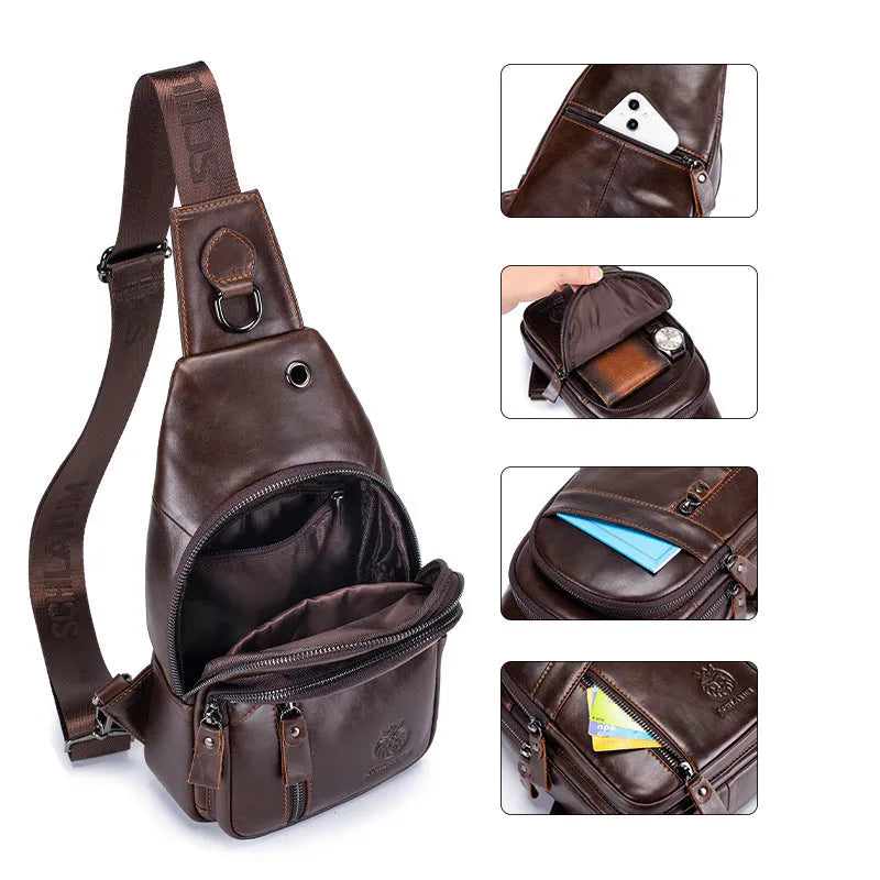 Men's retro messenger bag in brown solid colour first layer cowhide with sewing thread detailing