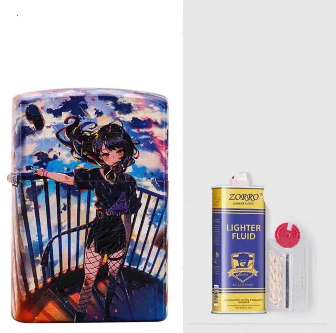 Windproof kerosene lighter with artistic design, steel and copper construction, 58x39x13mm dimensions