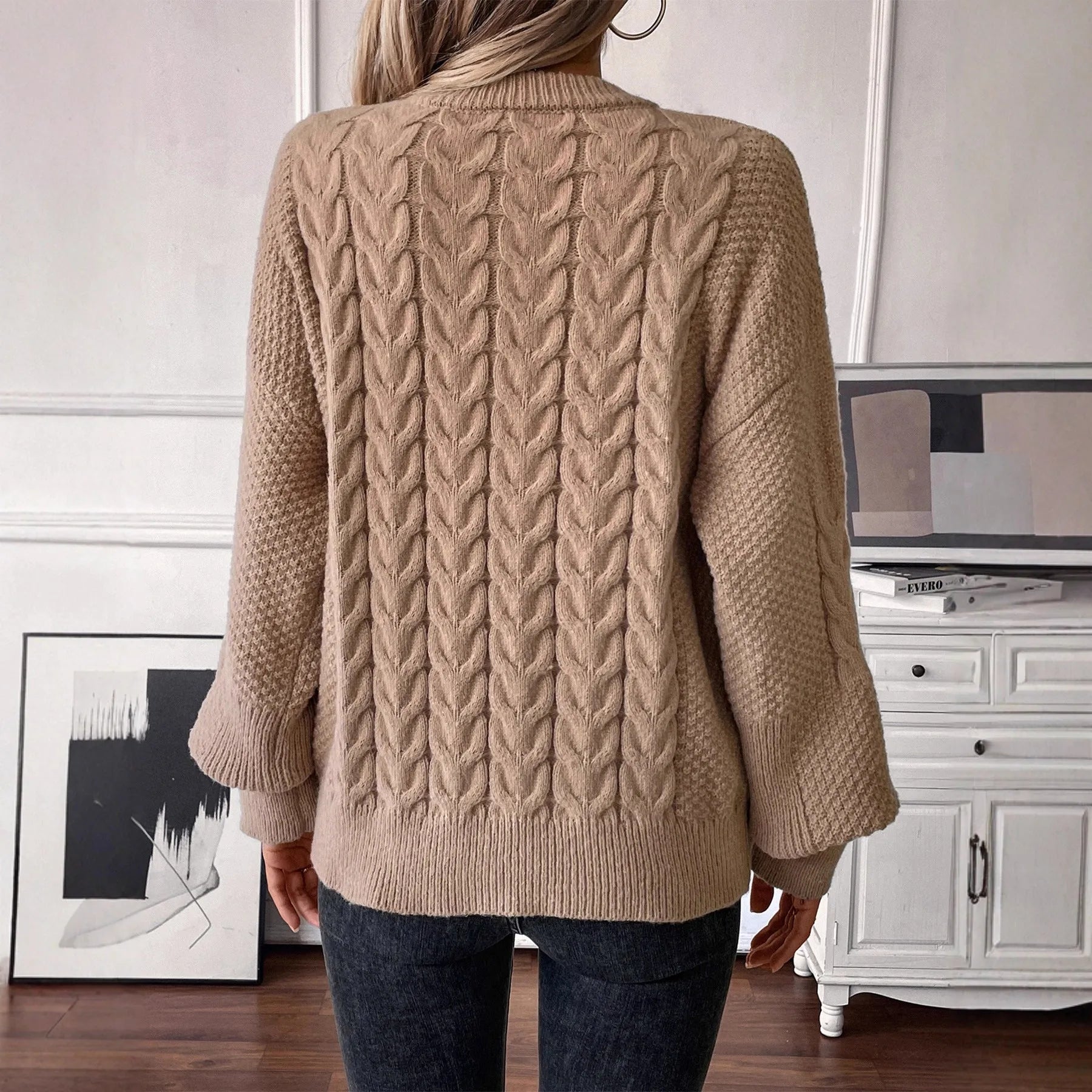 Women's beige casual sweater with twist detail and round neckline