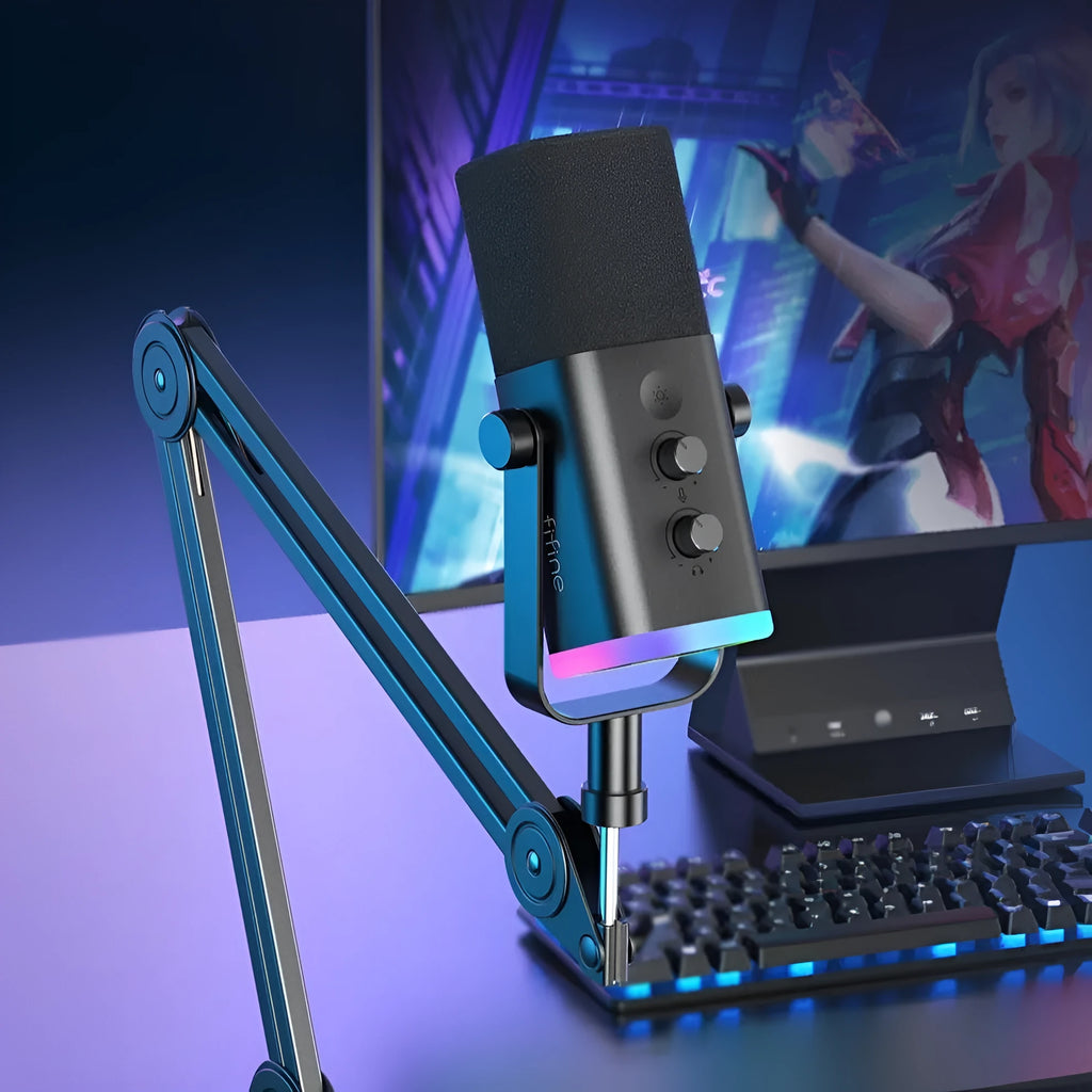 Dynamic noise reduction microphone in black colour with XLR cable and mounting base
