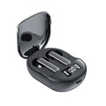 Black and white wireless Bluetooth earbuds with digital display screen showing battery status