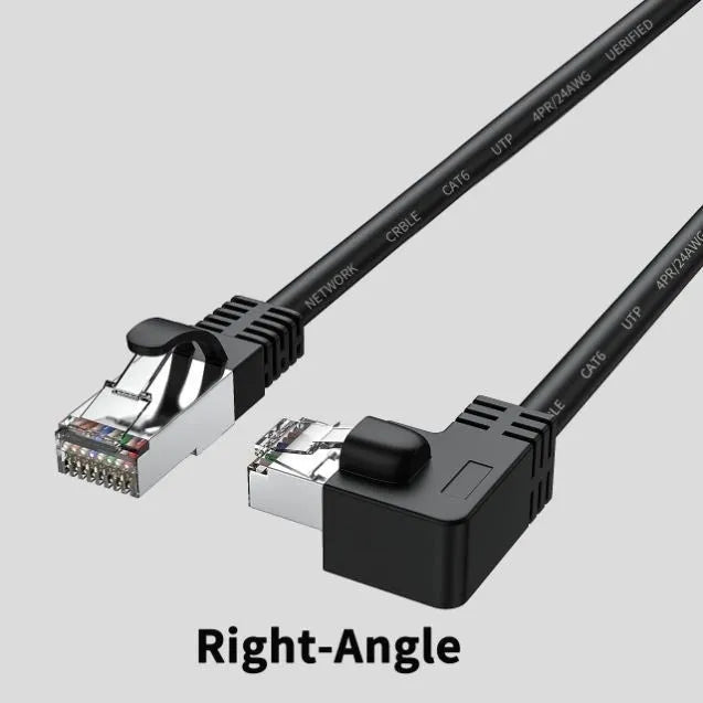 Cat6 Ethernet cable with right-angled metal RJ45 connectors in various colours including black, white, orange, and yellow.