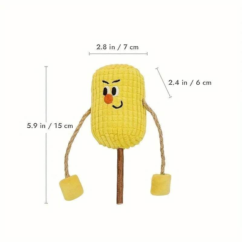 Corn cob shaped cat chew toy made from polytree wood for dental cleaning.