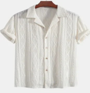 Men's loose-fit short sleeve cardigan in polyester fabric shown in solid colour options