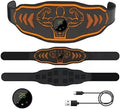 Blue and orange smart EMS massage belt with host unit, main belt, and arm stickers.