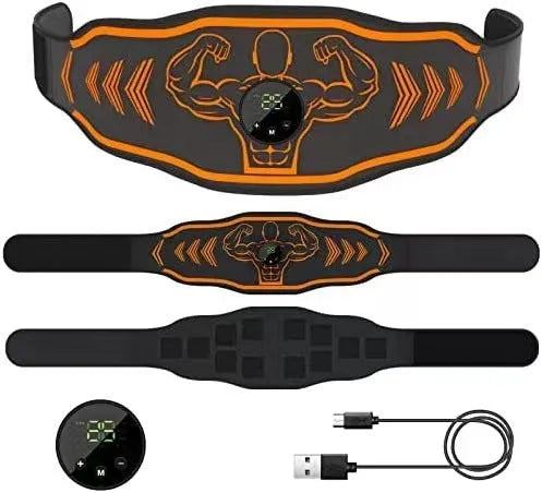 Blue and orange smart EMS massage belt with host unit, main belt, and arm stickers.