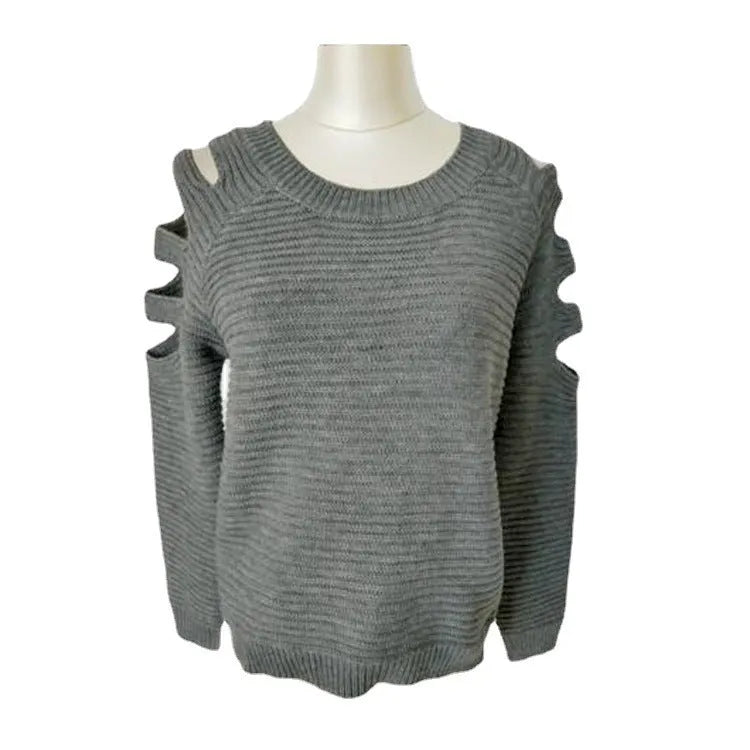 Women's grey knitted pullover shirt with crocheted hollow-out patterns on the sleeves and body.