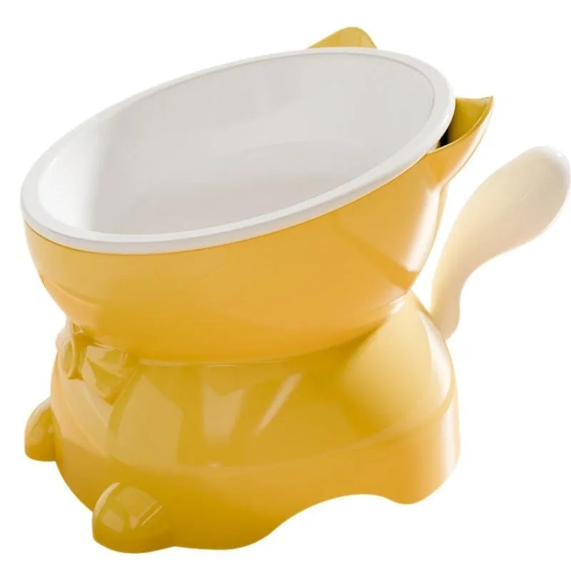 Stainless steel slanted cat bowl with non-slip base in black, blue, pink, and yellow colour options.