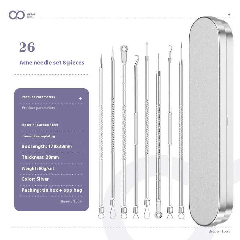 Four silver metal acne needles with fine pointed tips laid out on a flat surface.