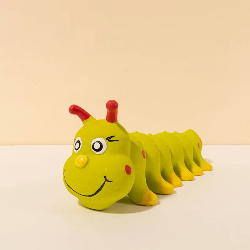 Yellow rubber caterpillar-shaped dog toy with squeaker for small to medium dogs.