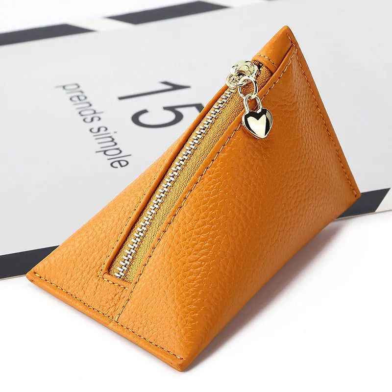Women's small genuine leather mini coin purse in solid colour with sewing thread detailing