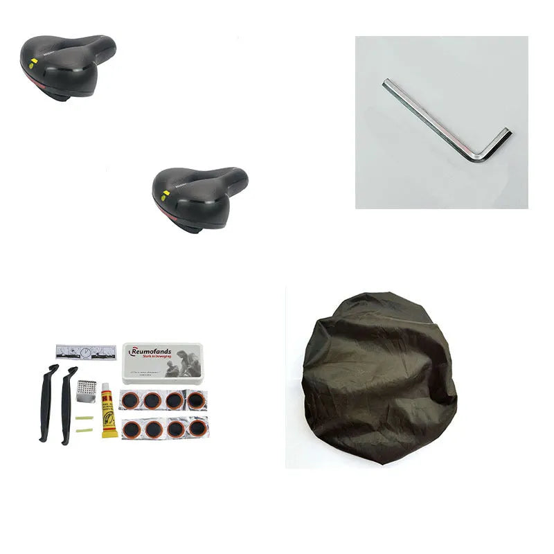 Soft silicone bicycle cushion with PU leather cover, wrench, and waterproof accessories.
