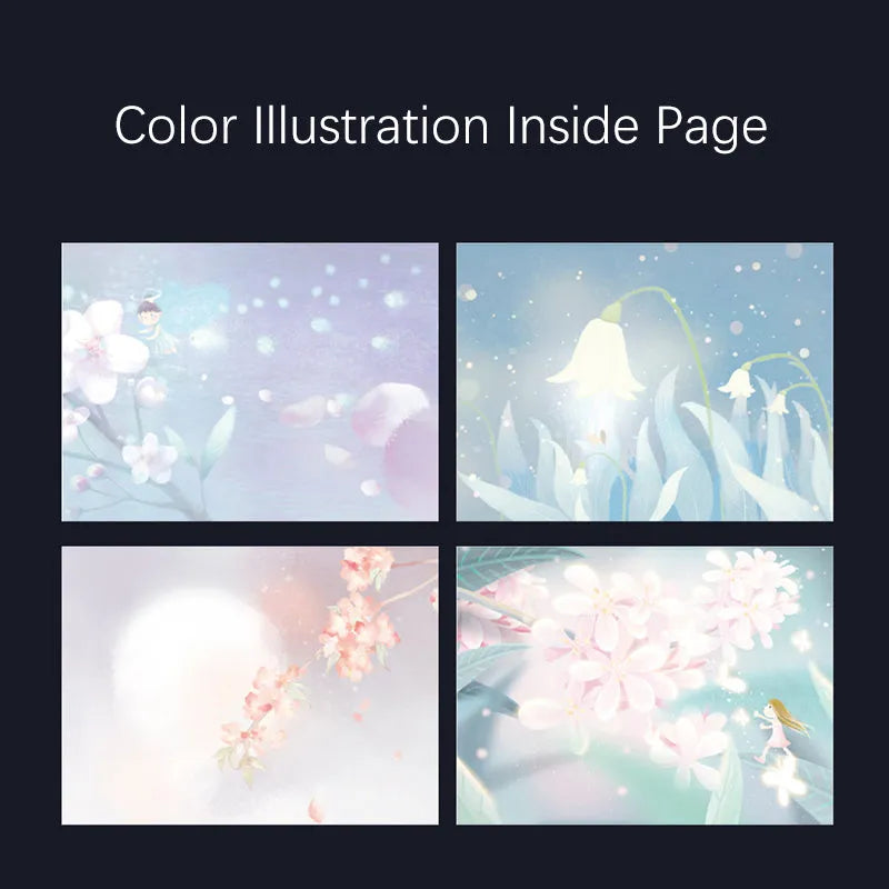 A5 scrapbook notebook with luminous cover open to show colour illustration pages, in purple colour option.