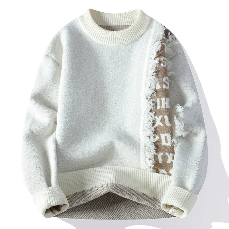 Men's loose fit knitted pullover jumper in rabbit fur polyester fabric with ribbed hem