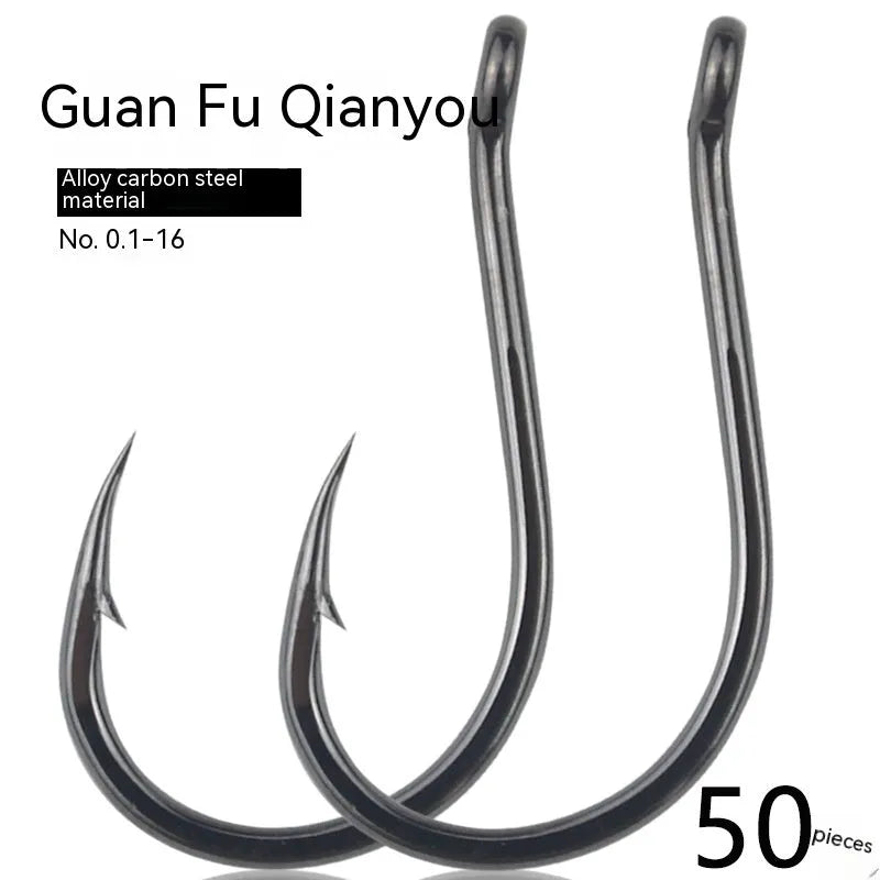 Bulk pack of barbed alloy carbon steel fishing hooks with hole rings for sea fishing
