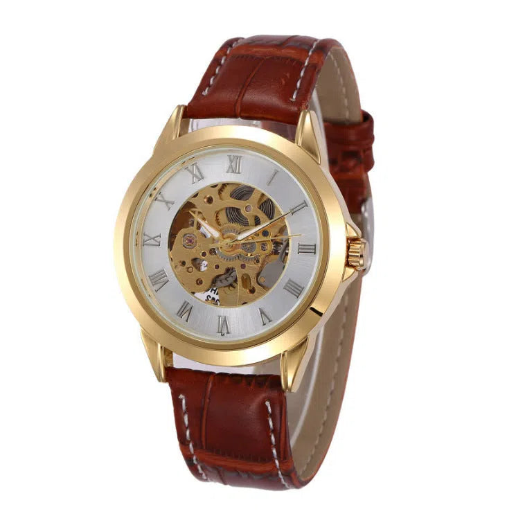 Men's automatic mechanical watch with hollowed-out round dial, 42mm alloy case, genuine leather strap, and transparent case back