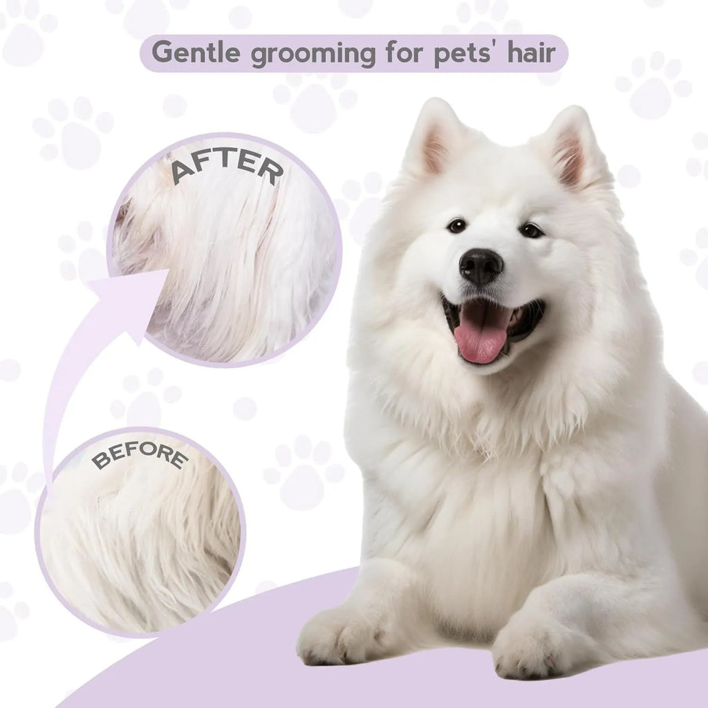 Purple pet grooming comb with stainless steel teeth on ergonomic handle