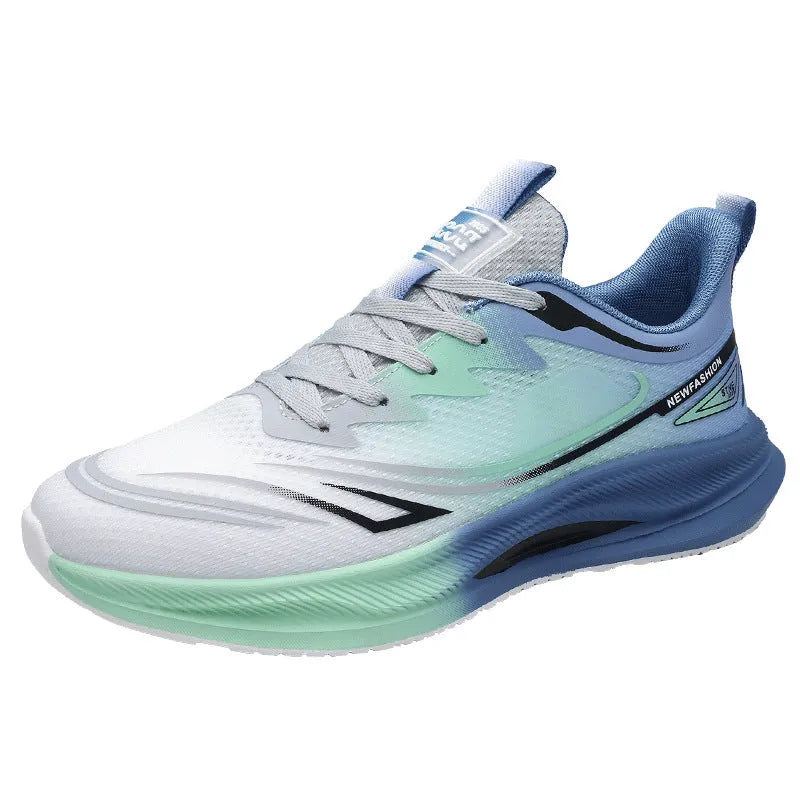 Men's low-top casual shoes in mesh with round toe and rubber sole, shown in black, blue, and grey-green colours.
