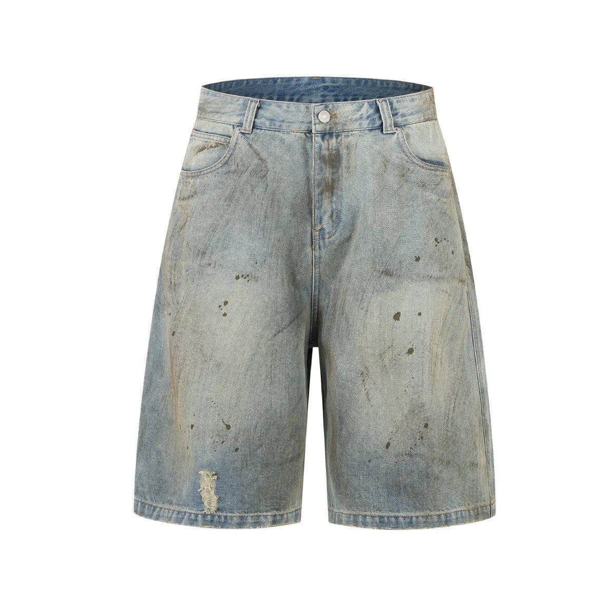 A pair of washed blue, cropped, straight-leg denim trousers on a plain background.
