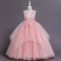 Girls' formal mesh lace dress with cotton lining in blue, front view, size 120cm