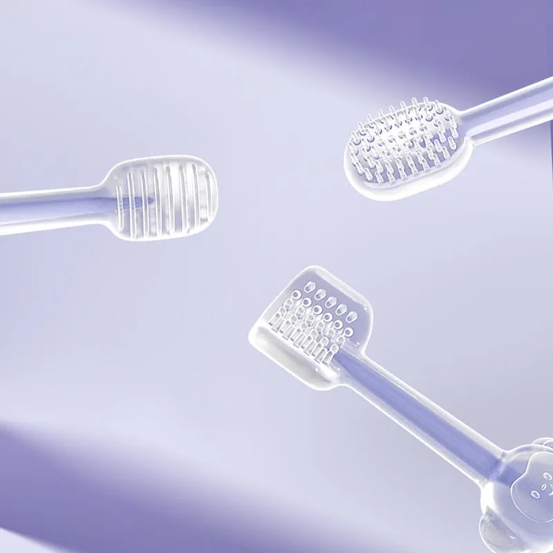 Purple silicone pet toothbrush with dual-ended design showing traditional brush head and finger brush