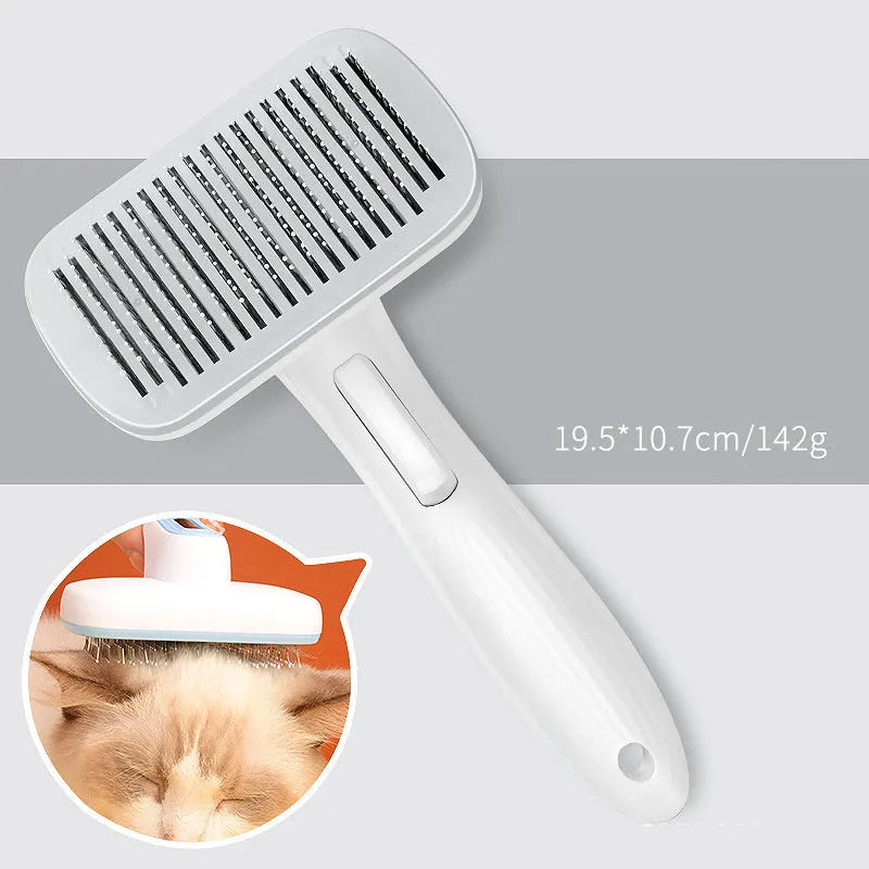 Automatic pet hair removal comb for dogs and cats showing colour options and dimensions
