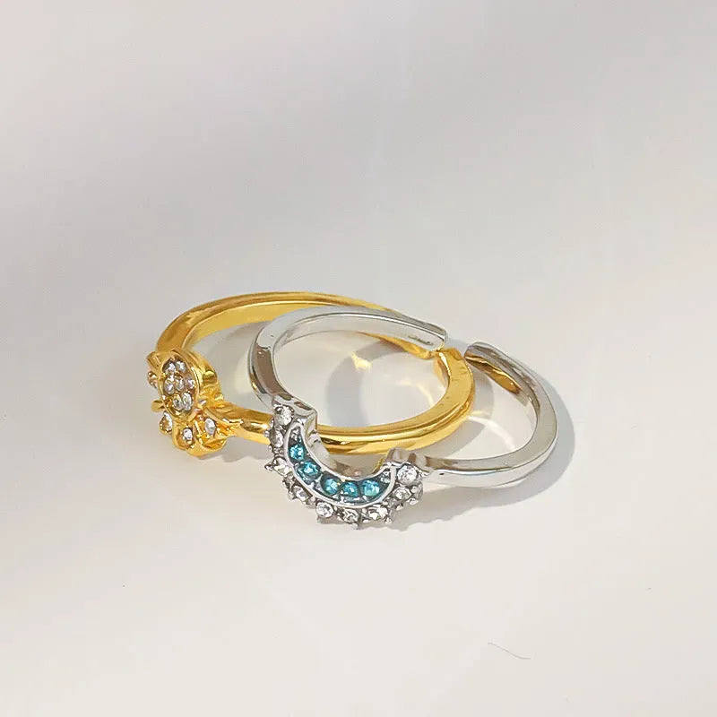 Sun and moon diamond-studded alloy couple ring set with geometric shape for lovers