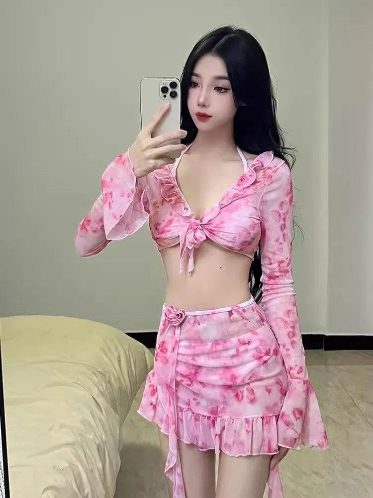 Women's cherry blossom pink floral bikini set for beach and hot spring use