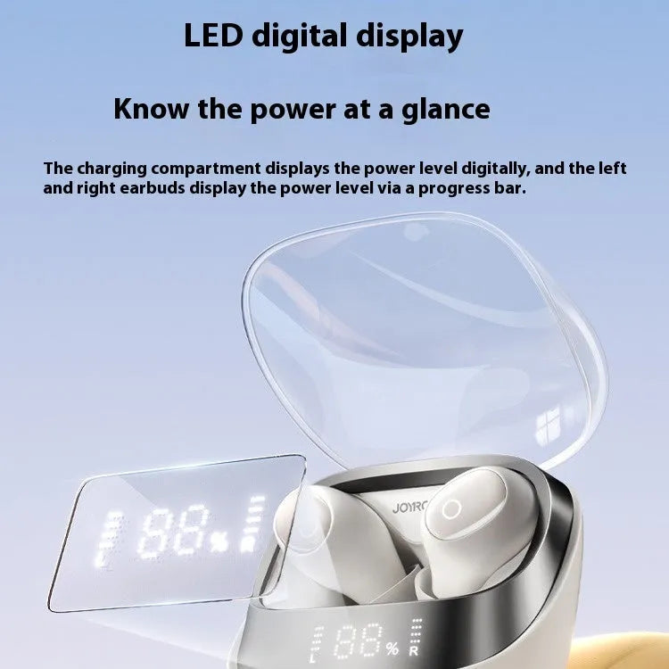 Wireless Bluetooth 5.3 in-ear earbuds with charging case in Dawn White, Starry Sky Black, or Purple.