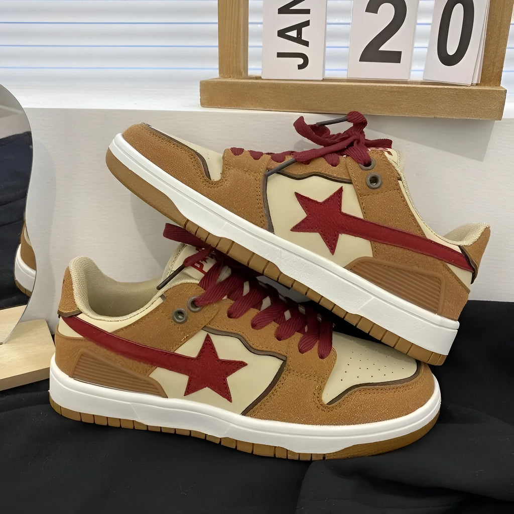 Brown women's low-top platform sneakers with round toe and sequin trim details