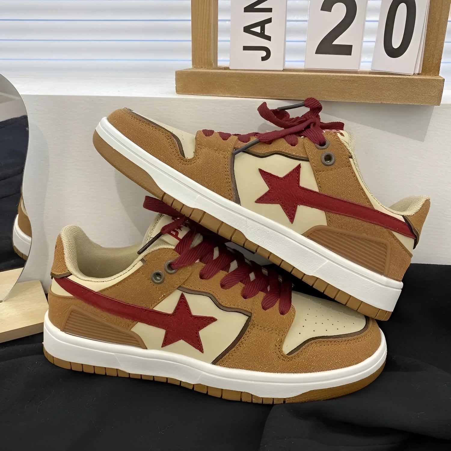 Brown women's low-top platform sneakers with round toe and sequin trim details