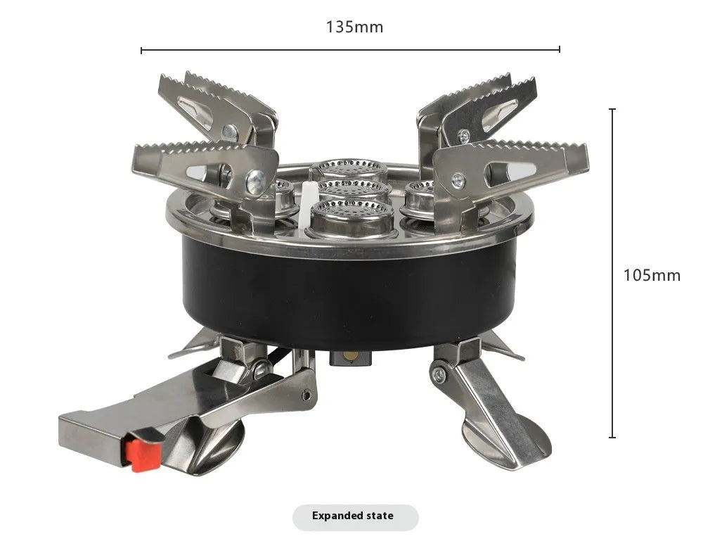 Silver foldable stainless steel split camping stove with extended fuel hose, shown unfolded.