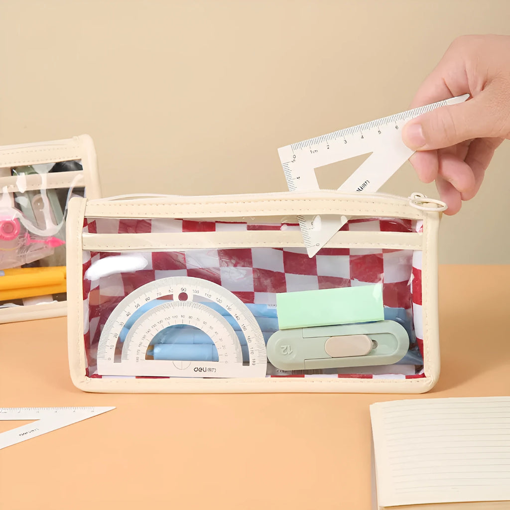 Transparent PVC pencil case with chessboard pattern measuring 21.5cm