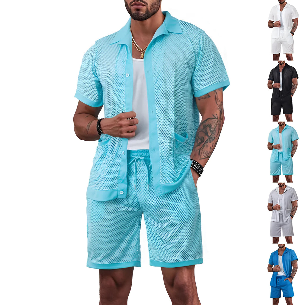 Women's two-piece beach cover-up shorts suit with short sleeves in lake blue colour