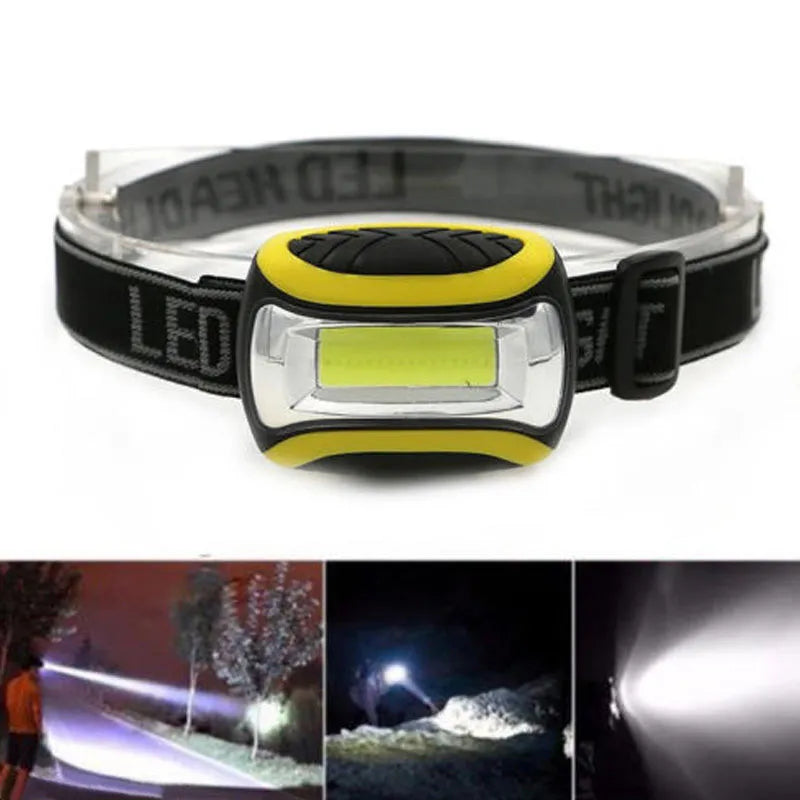 Yellow plastic three-speed COB LED headlamp for outdoor and work use.