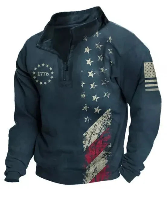 Man wearing a loose fit long sleeve t-shirt with retro colour printing and stripe pattern for golf or casual wear