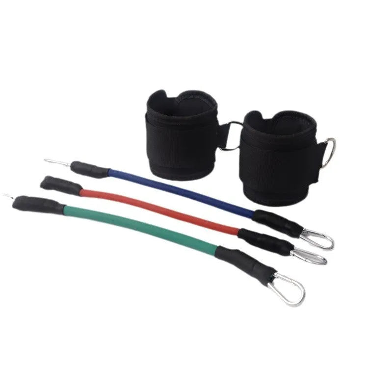 Black taekwondo training pull rope set for leg conditioning and explosive force development.