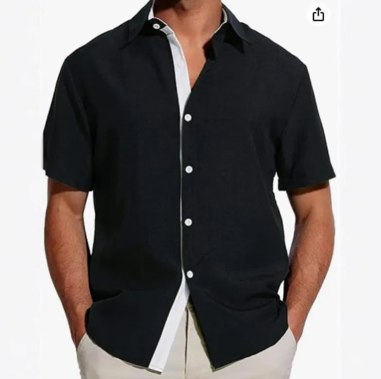 Man wearing a short sleeve floral print shirt in cardigan style, suitable for summer.