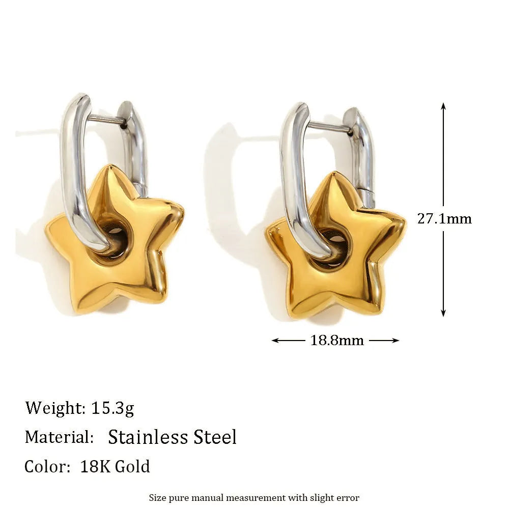 Gold geometric stainless steel earrings, bracelet, and necklace set on a white background.