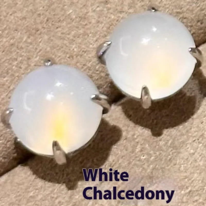 Chinese style chalcedony stud earrings with four-claw copper settings in three colour options
