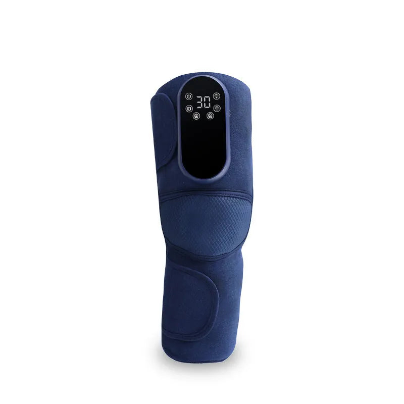 Blue self-heating knee massager unit with adjustable strap for vibration and air pressure therapy.