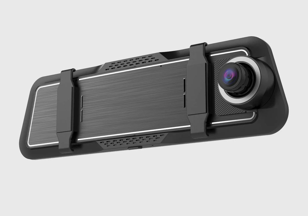 Dual-lens car dash cam with 9.66 inch touch screen mounted behind rearview mirror