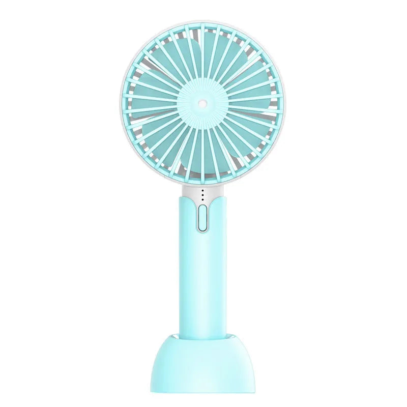 Blue handheld USB fan with three-speed control and oscillating head on desktop