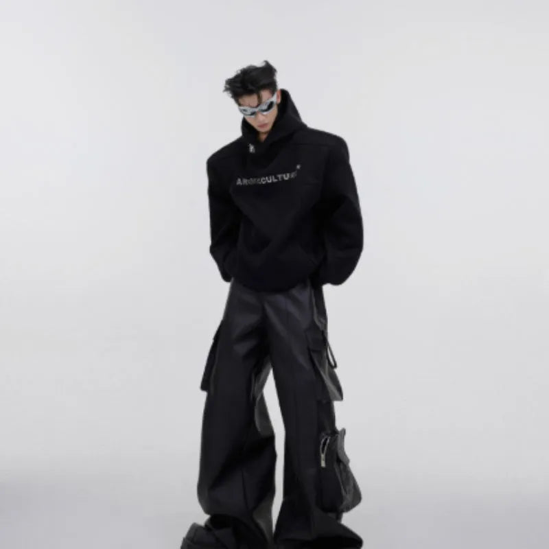 Men's black hooded sweater with metal 3D printing design and structured shoulder pads.