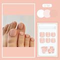 Set of ten skin-colour plastic artificial toenails and a bottle of glue for pedicure enhancement.