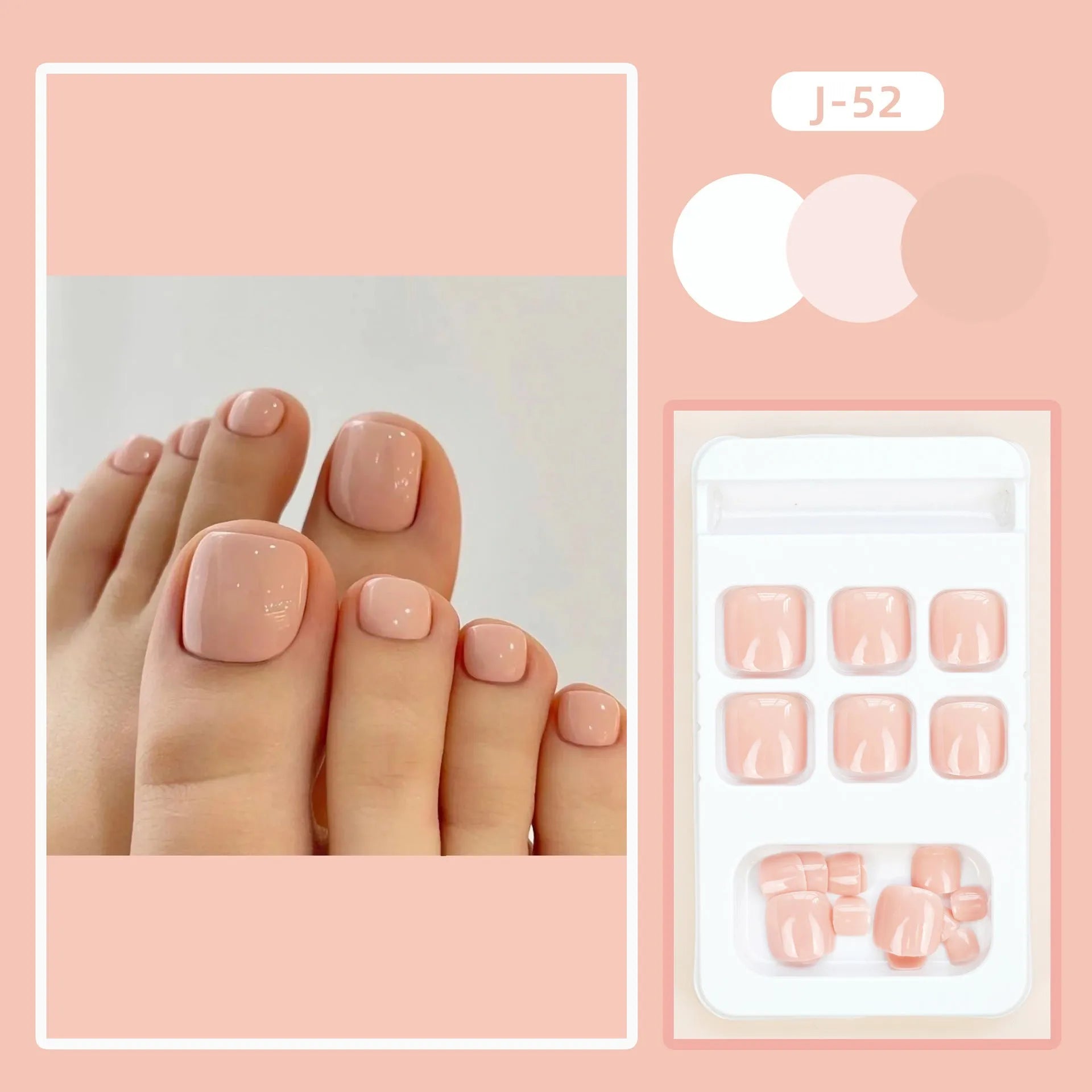 Set of ten skin-colour plastic artificial toenails and a bottle of glue for pedicure enhancement.