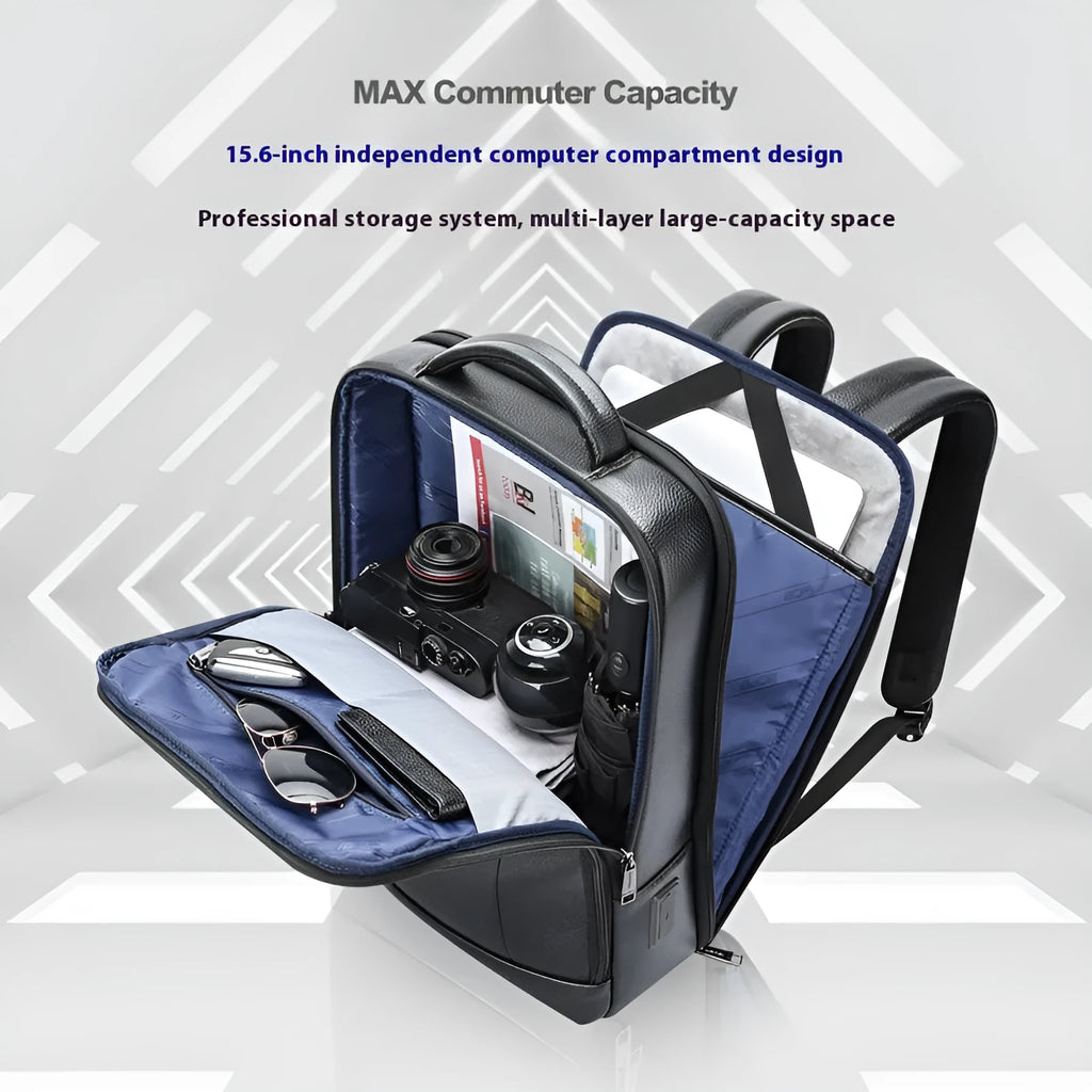 Black business leather backpack with USB port and curved shoulder straps