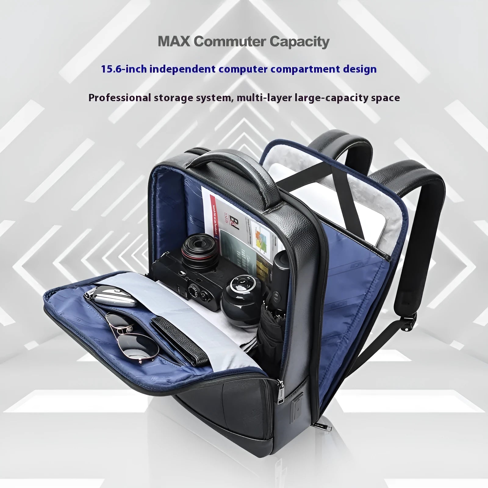 Black business leather backpack with USB port and curved shoulder straps